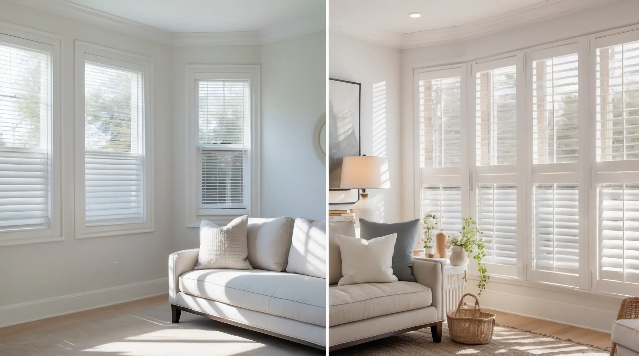 living room before and after plantation shutters​